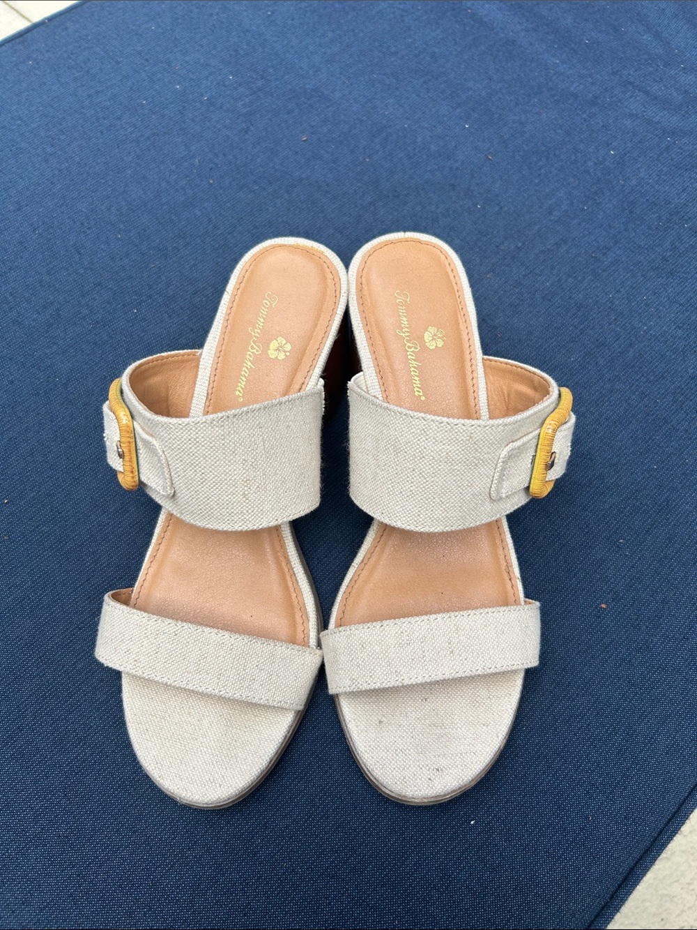 Tommy Bahama Beige Canvas Slide Sandals with Yellow Buckle